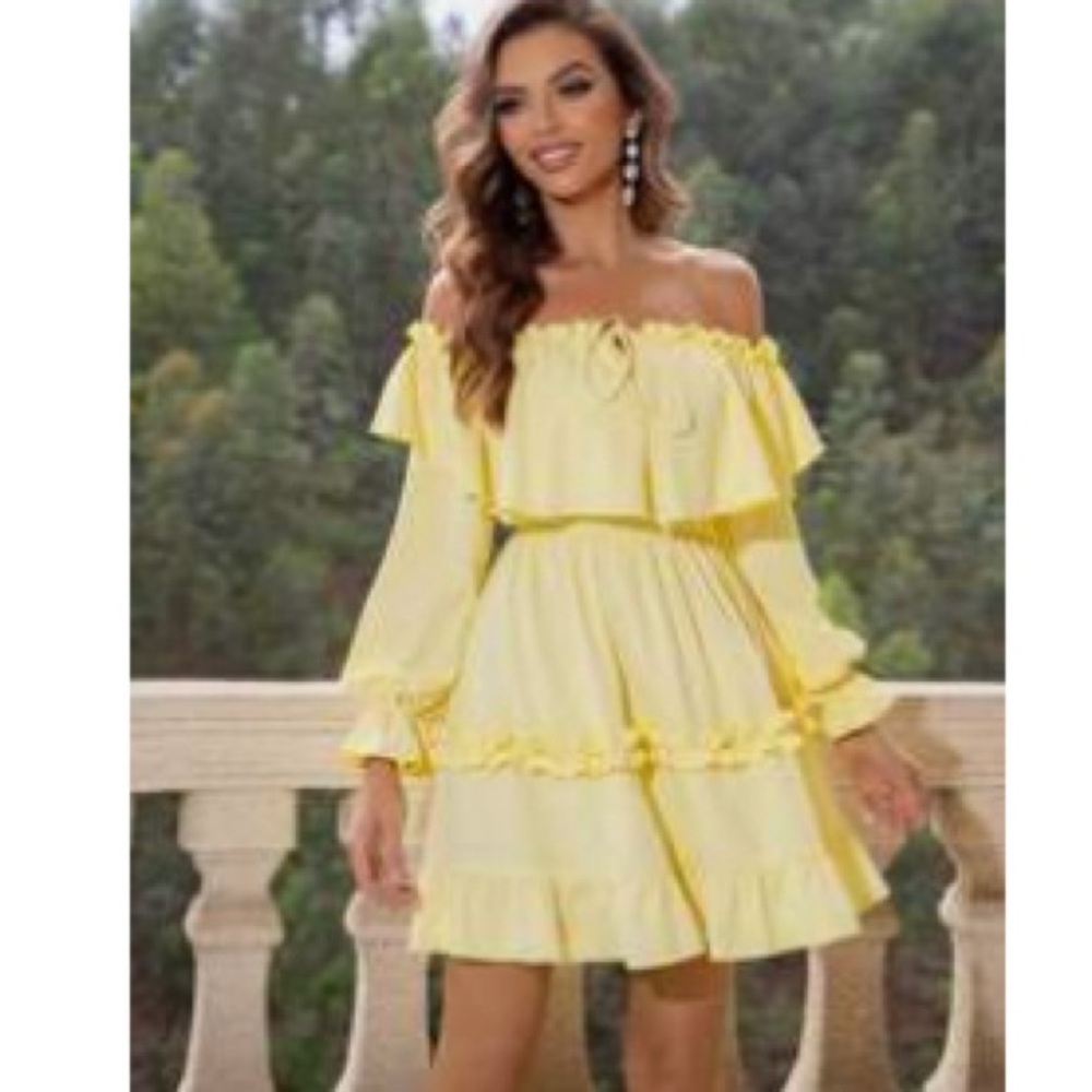 Size 4/ small Off Shoulder Ruffle Trim Flounce Sleeve Ruffle Hem Dress Yellow